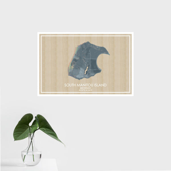 16x24 South Manitou Island Michigan Map Print Landscape Orientation in Afternoon Style With Tropical Plant Leaves in Water