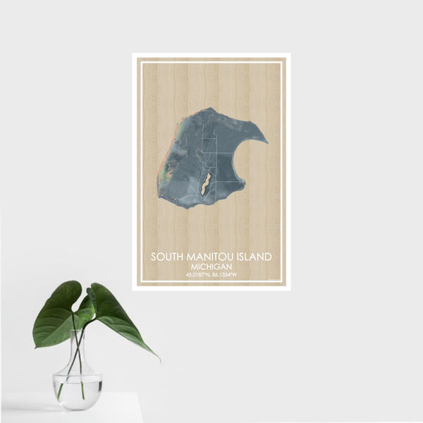 16x24 South Manitou Island Michigan Map Print Portrait Orientation in Afternoon Style With Tropical Plant Leaves in Water
