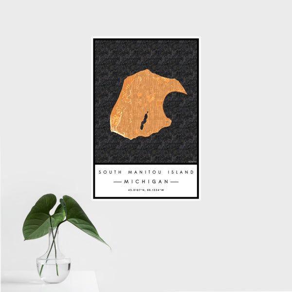 16x24 South Manitou Island Michigan Map Print Portrait Orientation in Ember Style With Tropical Plant Leaves in Water