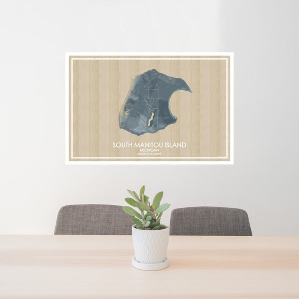24x36 South Manitou Island Michigan Map Print Lanscape Orientation in Afternoon Style Behind 2 Chairs Table and Potted Plant