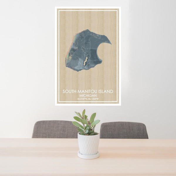 24x36 South Manitou Island Michigan Map Print Portrait Orientation in Afternoon Style Behind 2 Chairs Table and Potted Plant