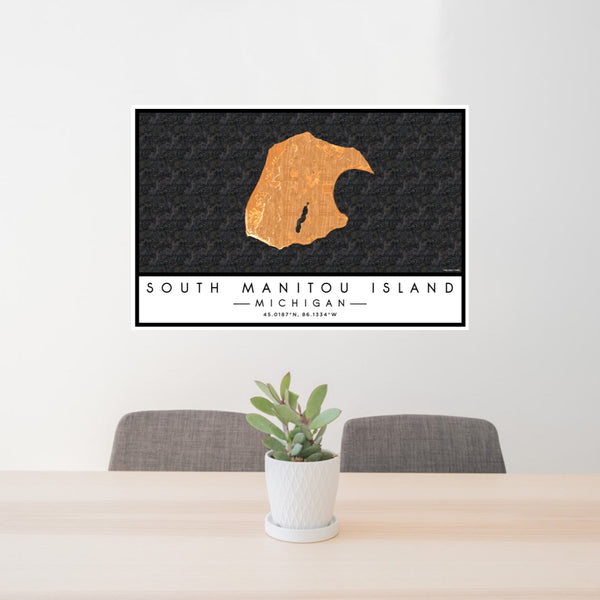 24x36 South Manitou Island Michigan Map Print Lanscape Orientation in Ember Style Behind 2 Chairs Table and Potted Plant
