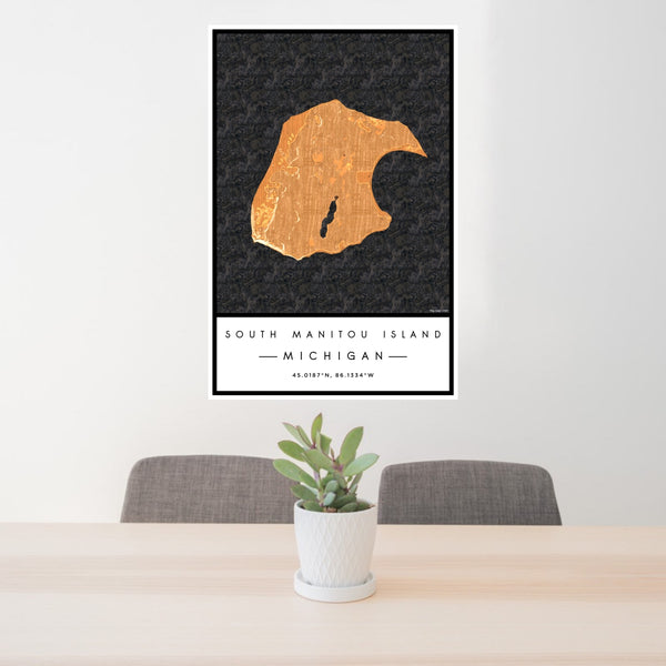 24x36 South Manitou Island Michigan Map Print Portrait Orientation in Ember Style Behind 2 Chairs Table and Potted Plant