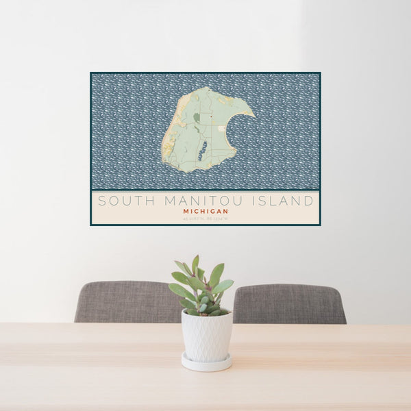24x36 South Manitou Island Michigan Map Print Lanscape Orientation in Woodblock Style Behind 2 Chairs Table and Potted Plant