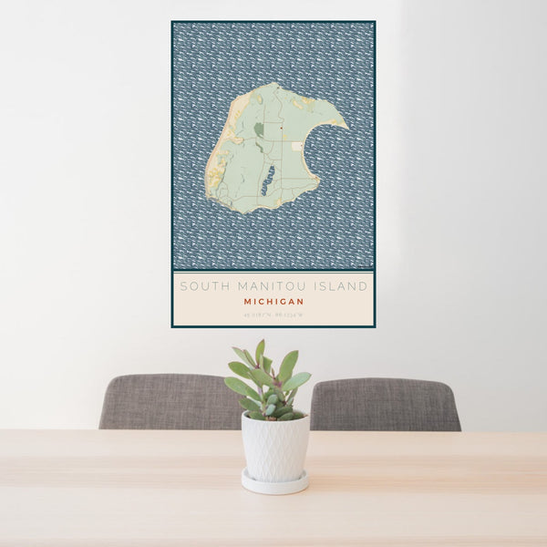 24x36 South Manitou Island Michigan Map Print Portrait Orientation in Woodblock Style Behind 2 Chairs Table and Potted Plant