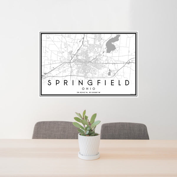 24x36 Springfield Ohio Map Print Landscape Orientation in Classic Style Behind 2 Chairs Table and Potted Plant