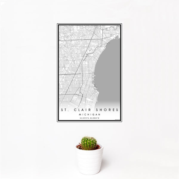 12x18 St. Clair Shores Michigan Map Print Portrait Orientation in Classic Style With Small Cactus Plant in White Planter