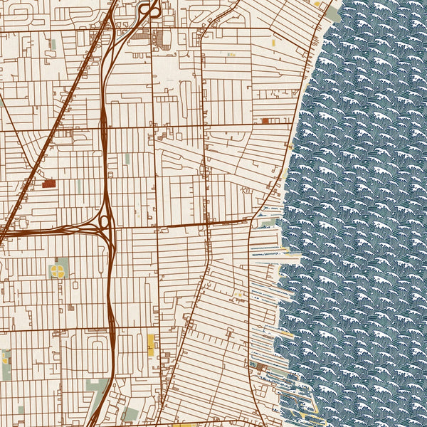St. Clair Shores Michigan Map Print in Woodblock Style Zoomed In Close Up Showing Details