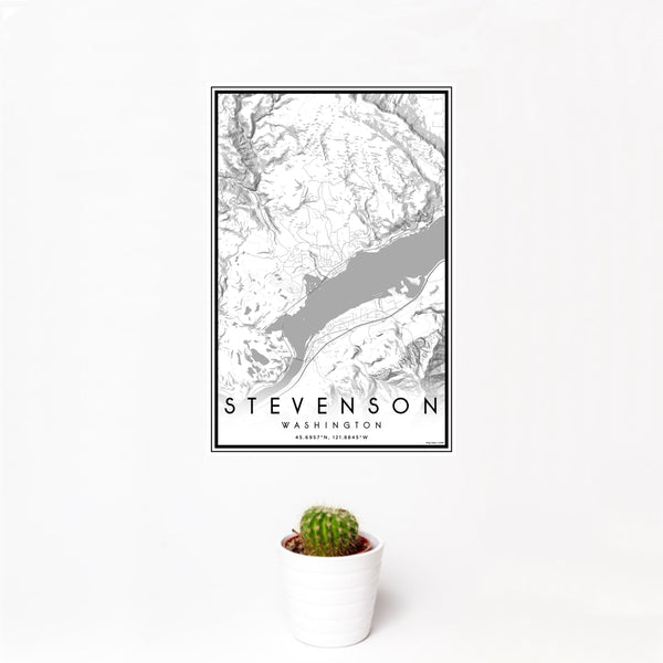 12x18 Stevenson Washington Map Print Portrait Orientation in Classic Style With Small Cactus Plant in White Planter