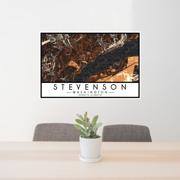 24x36 Stevenson Washington Map Print Lanscape Orientation in Ember Style Behind 2 Chairs Table and Potted Plant