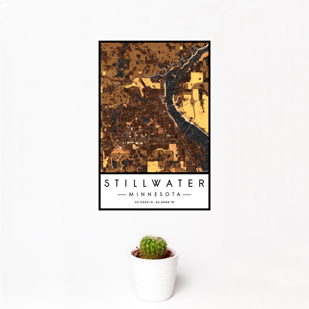 12x18 Stillwater Minnesota Map Print Portrait Orientation in Ember Style With Small Cactus Plant in White Planter