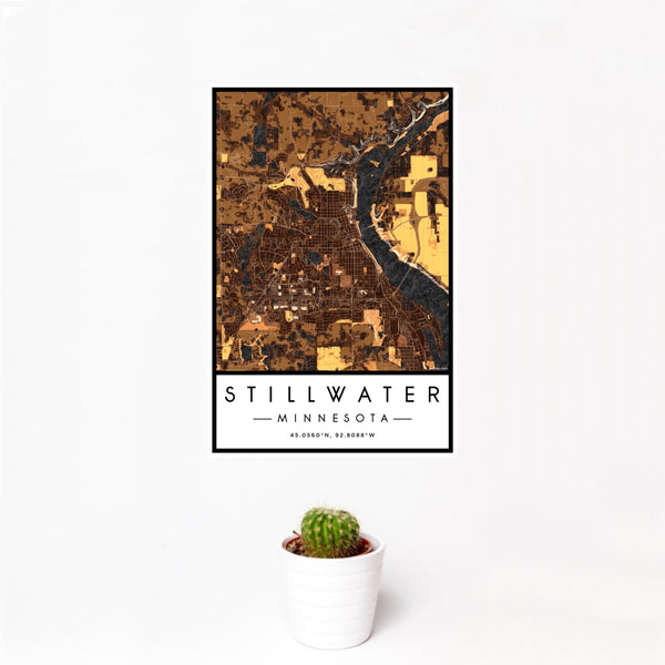 12x18 Stillwater Minnesota Map Print Portrait Orientation in Ember Style With Small Cactus Plant in White Planter