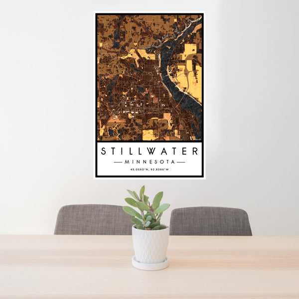 24x36 Stillwater Minnesota Map Print Portrait Orientation in Ember Style Behind 2 Chairs Table and Potted Plant