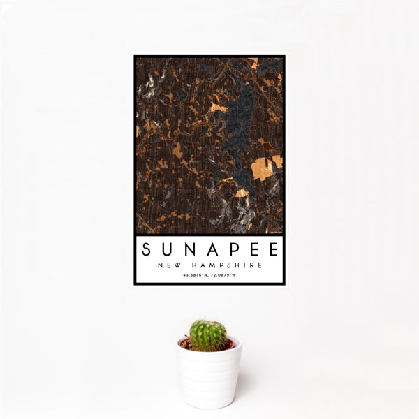 12x18 Sunapee New Hampshire Map Print Portrait Orientation in Ember Style With Small Cactus Plant in White Planter