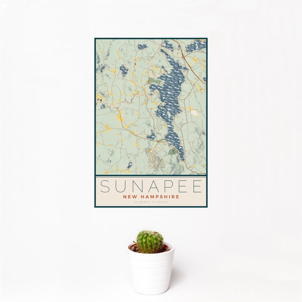 12x18 Sunapee New Hampshire Map Print Portrait Orientation in Woodblock Style With Small Cactus Plant in White Planter