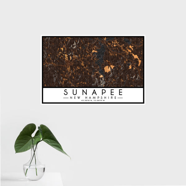 16x24 Sunapee New Hampshire Map Print Landscape Orientation in Ember Style With Tropical Plant Leaves in Water