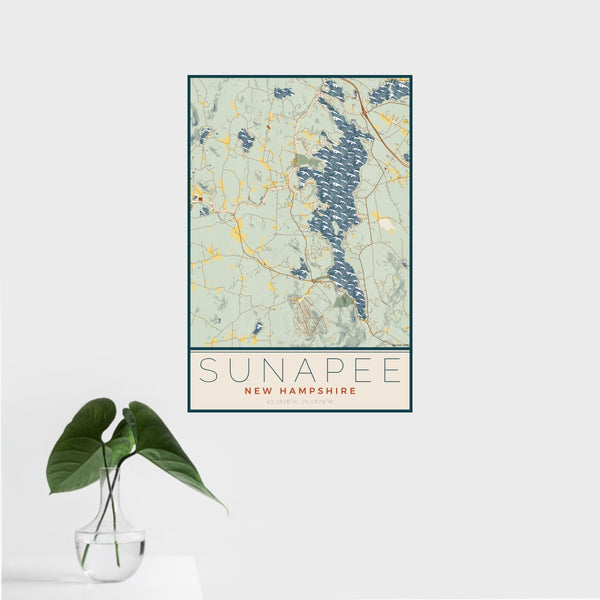 16x24 Sunapee New Hampshire Map Print Portrait Orientation in Woodblock Style With Tropical Plant Leaves in Water