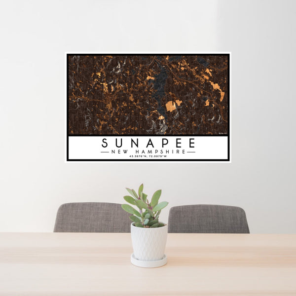 24x36 Sunapee New Hampshire Map Print Lanscape Orientation in Ember Style Behind 2 Chairs Table and Potted Plant