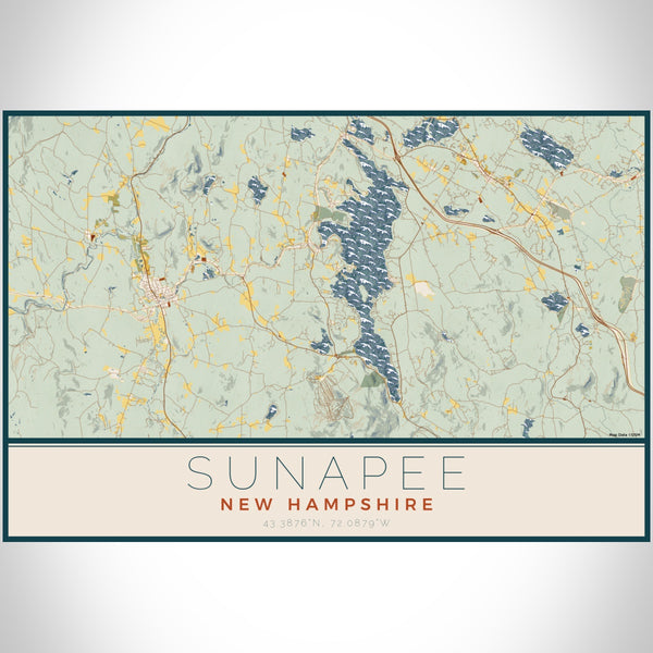 Sunapee New Hampshire Map Print Landscape Orientation in Woodblock Style With Shaded Background