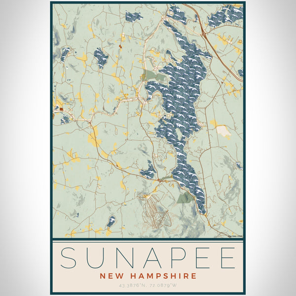 Sunapee New Hampshire Map Print Portrait Orientation in Woodblock Style With Shaded Background