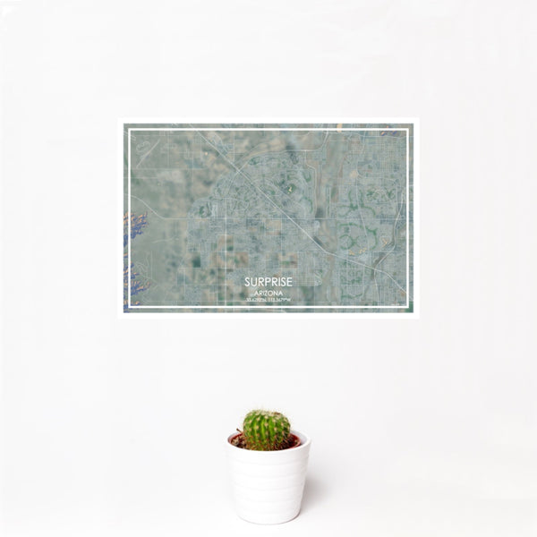 12x18 Surprise Arizona Map Print Landscape Orientation in Afternoon Style With Small Cactus Plant in White Planter