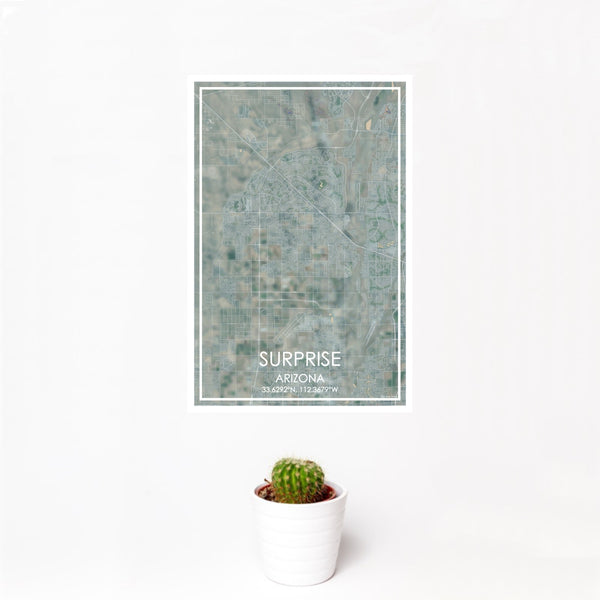 12x18 Surprise Arizona Map Print Portrait Orientation in Afternoon Style With Small Cactus Plant in White Planter