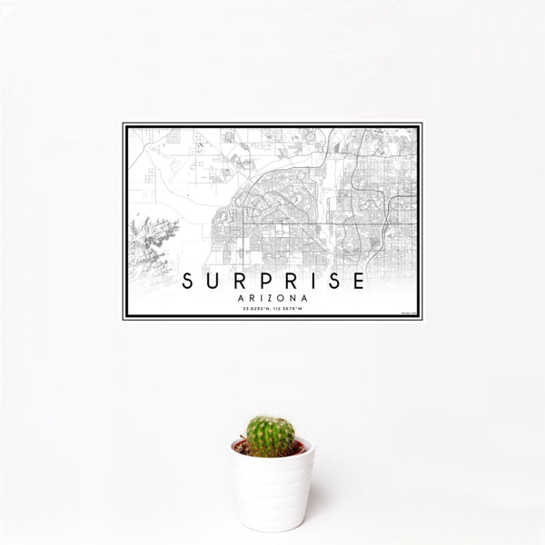 12x18 Surprise Arizona Map Print Landscape Orientation in Classic Style With Small Cactus Plant in White Planter