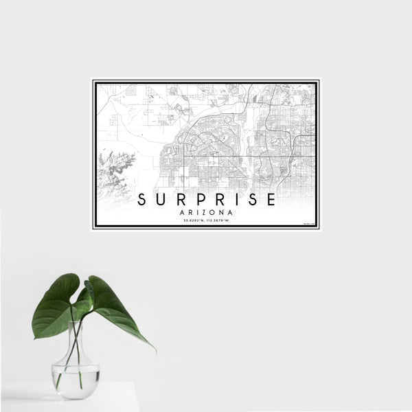 16x24 Surprise Arizona Map Print Landscape Orientation in Classic Style With Tropical Plant Leaves in Water