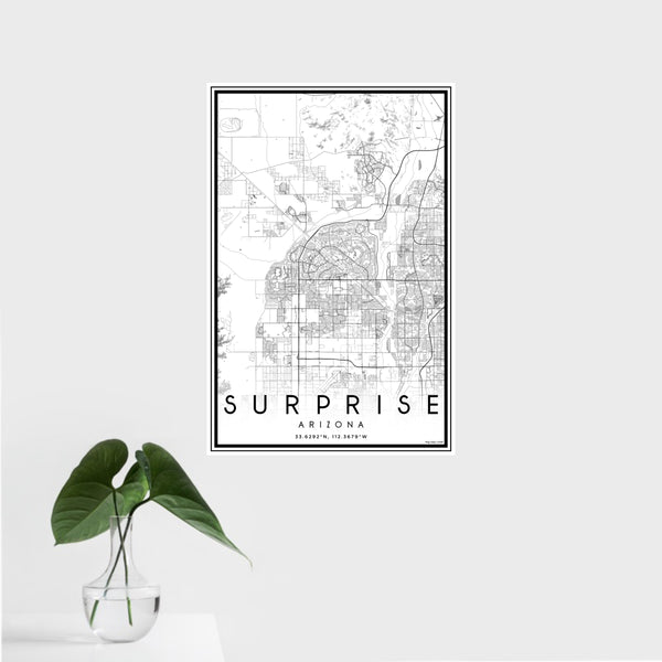 16x24 Surprise Arizona Map Print Portrait Orientation in Classic Style With Tropical Plant Leaves in Water