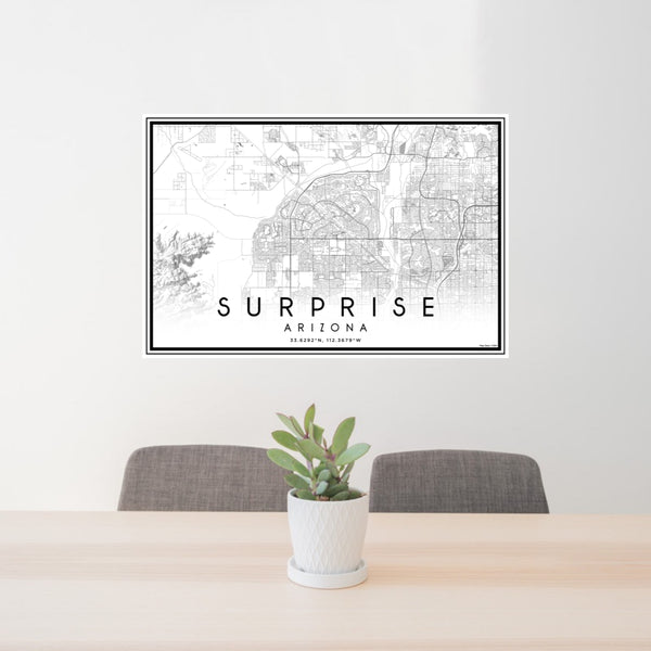 24x36 Surprise Arizona Map Print Lanscape Orientation in Classic Style Behind 2 Chairs Table and Potted Plant