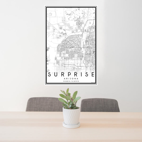 24x36 Surprise Arizona Map Print Portrait Orientation in Classic Style Behind 2 Chairs Table and Potted Plant