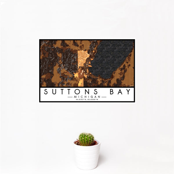 12x18 Suttons Bay Michigan Map Print Landscape Orientation in Ember Style With Small Cactus Plant in White Planter