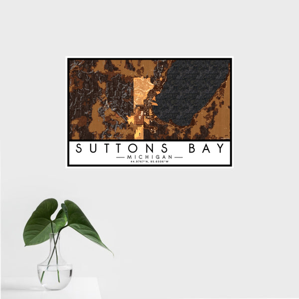 16x24 Suttons Bay Michigan Map Print Landscape Orientation in Ember Style With Tropical Plant Leaves in Water