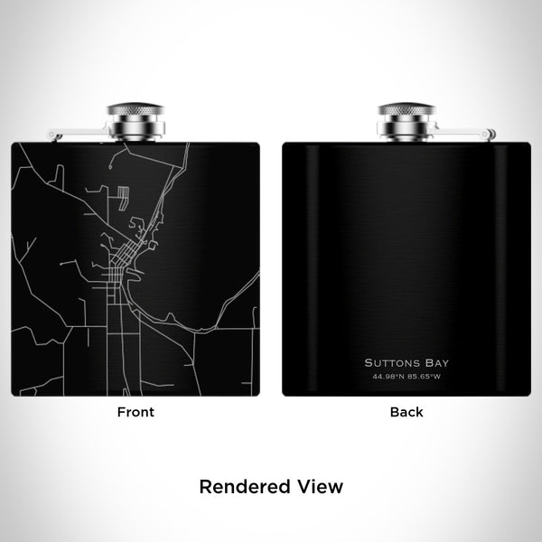 Rendered View of Suttons Bay Michigan Map Engraving on 6oz Stainless Steel Flask in Black