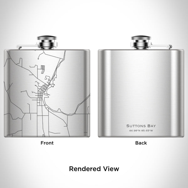 Rendered View of Suttons Bay Michigan Map Engraving on 6oz Stainless Steel Flask