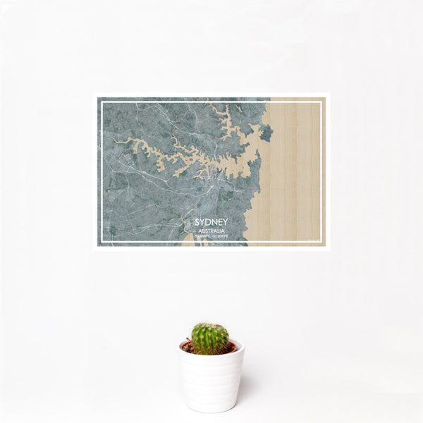 12x18 Sydney Australia Map Print Landscape Orientation in Afternoon Style With Small Cactus Plant in White Planter