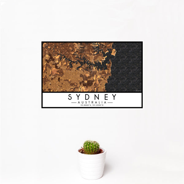 12x18 Sydney Australia Map Print Landscape Orientation in Ember Style With Small Cactus Plant in White Planter