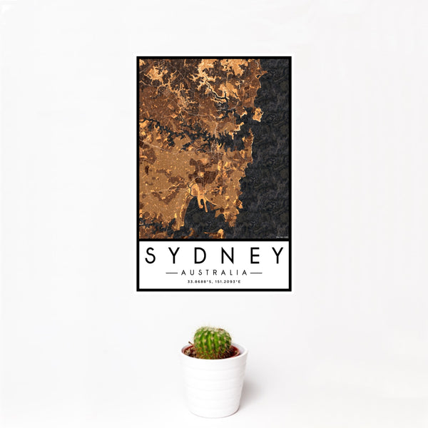 12x18 Sydney Australia Map Print Portrait Orientation in Ember Style With Small Cactus Plant in White Planter