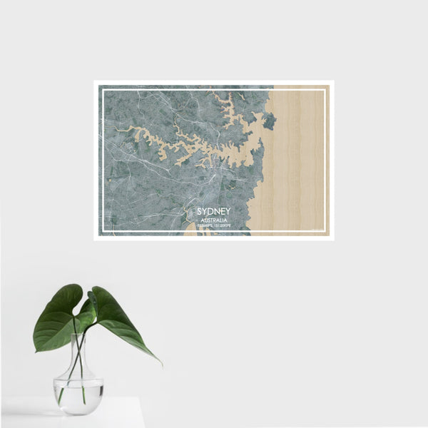 16x24 Sydney Australia Map Print Landscape Orientation in Afternoon Style With Tropical Plant Leaves in Water