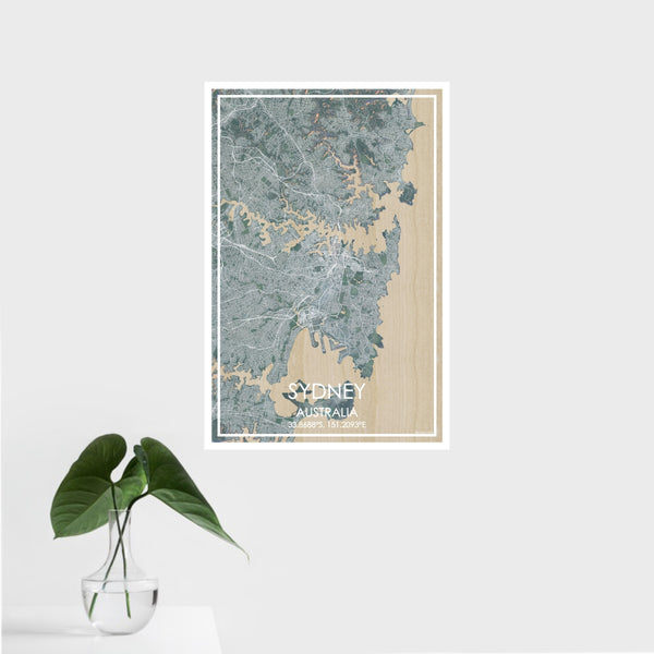16x24 Sydney Australia Map Print Portrait Orientation in Afternoon Style With Tropical Plant Leaves in Water