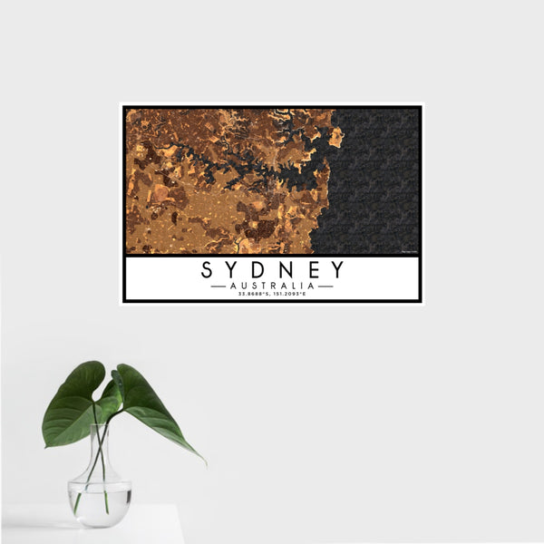16x24 Sydney Australia Map Print Landscape Orientation in Ember Style With Tropical Plant Leaves in Water
