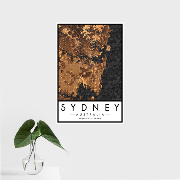 16x24 Sydney Australia Map Print Portrait Orientation in Ember Style With Tropical Plant Leaves in Water