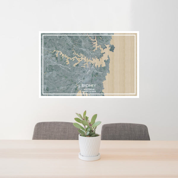 24x36 Sydney Australia Map Print Lanscape Orientation in Afternoon Style Behind 2 Chairs Table and Potted Plant