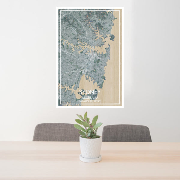 24x36 Sydney Australia Map Print Portrait Orientation in Afternoon Style Behind 2 Chairs Table and Potted Plant