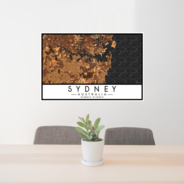 24x36 Sydney Australia Map Print Lanscape Orientation in Ember Style Behind 2 Chairs Table and Potted Plant