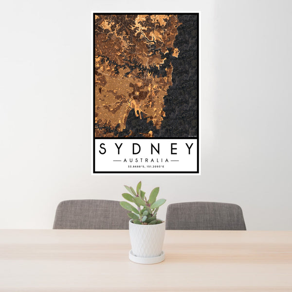 24x36 Sydney Australia Map Print Portrait Orientation in Ember Style Behind 2 Chairs Table and Potted Plant