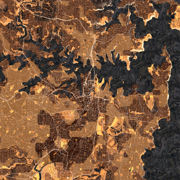 Sydney Australia Map Print in Ember Style Zoomed In Close Up Showing Details
