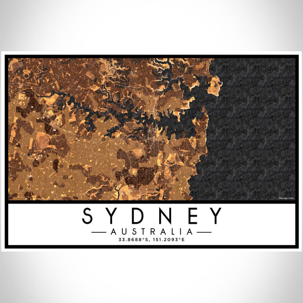 Sydney Australia Map Print Landscape Orientation in Ember Style With Shaded Background