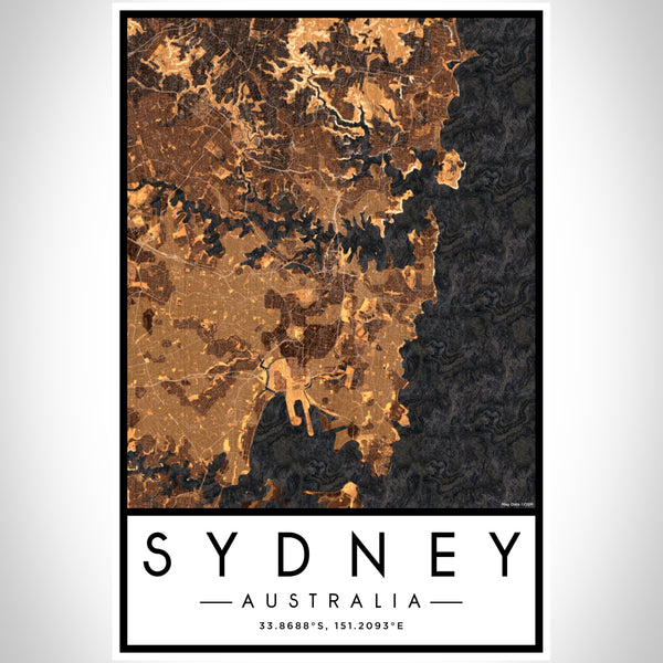 Sydney Australia Map Print Portrait Orientation in Ember Style With Shaded Background