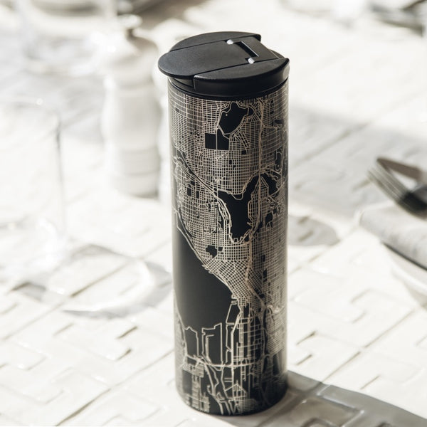 17oz Stainless Steel Insulated Tumbler in Black with Custom Engraving of Map on Table Setting